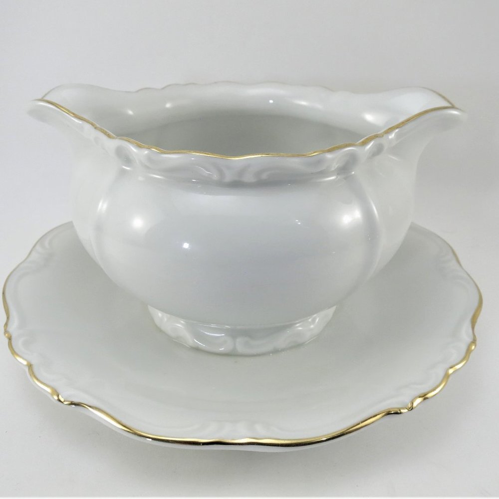 Edelstein Maris Teresia Gravy Boat Attached Underplate Bavaria Germany #242 EUC